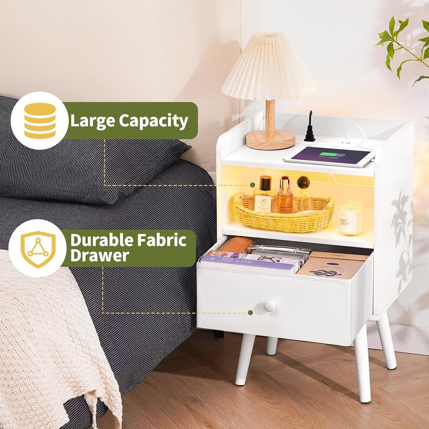 Nightstand with Charging Station, Modern Night Stand with LED Lights, Wood Nightstands with Fabric Drawer & Storage Shelf, Night Stands Bedside Table with USB Ports for Bedroom, Office, Home