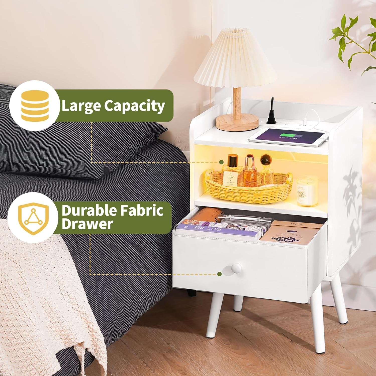Nightstand with Charging Station, Modern Night Stand with LED Lights, Wood Nightstands with Fabric Drawer & Storage Shelf, Night Stands Bedside Table with USB Ports for Bedroom, Office, Home