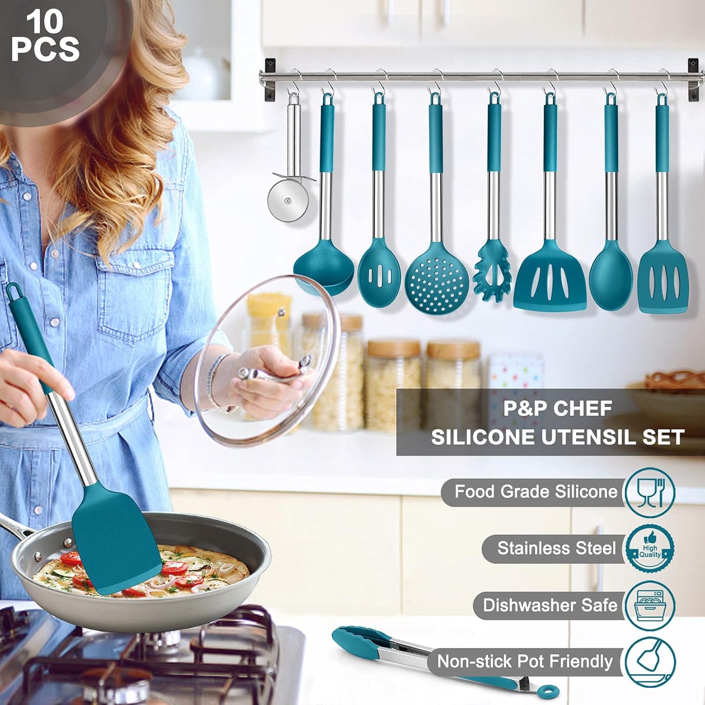 Kitchen Utensils Set of 10,  Heat-Resistant Silicone Cooking Utensil with Stainless Steel Handle, Include Turner,Spatula,Spoon,Tong,Pizza Cutter, Dishwasher Safe, Blue