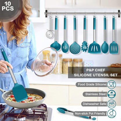 Kitchen Utensils Set of 10,  Heat-Resistant Silicone Cooking Utensil with Stainless Steel Handle, Include Turner,Spatula,Spoon,Tong,Pizza Cutter, Dishwasher Safe, Blue