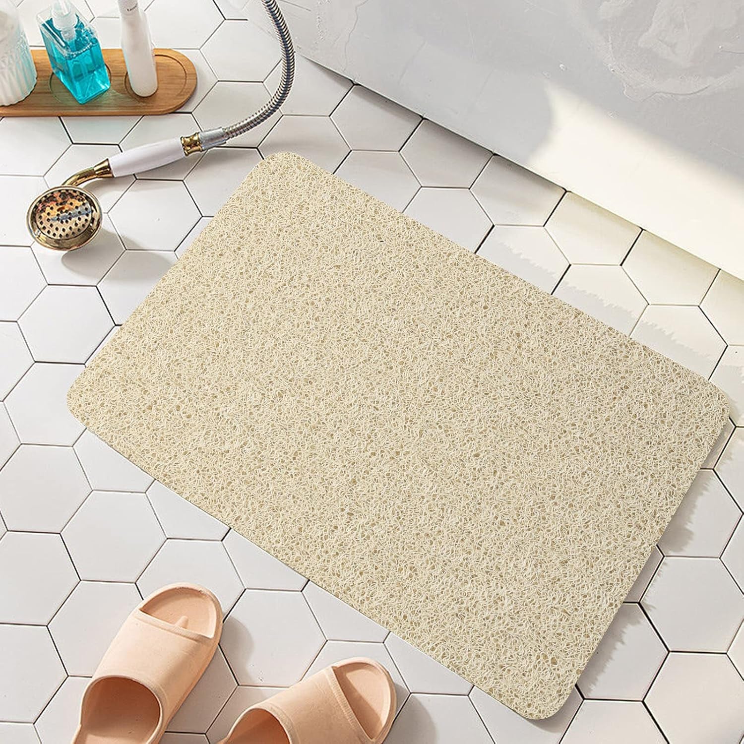 Bathtub Mat Non Slip, Bath Mat for Tub, Shower Mats for inside Shower, 17X24 Inch, PVC Loofah Bathroom Mats for Wet Areas, Quick Drying, Beige