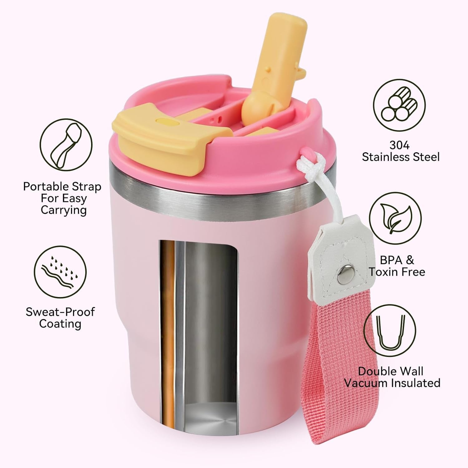 12Oz Coffee Tumbler, Stainless Steel Vacuum Travel Coffee Mug, Leak Proof Double Wall Coffee Mug with Lids for Home, Office, Outdoors, Pink