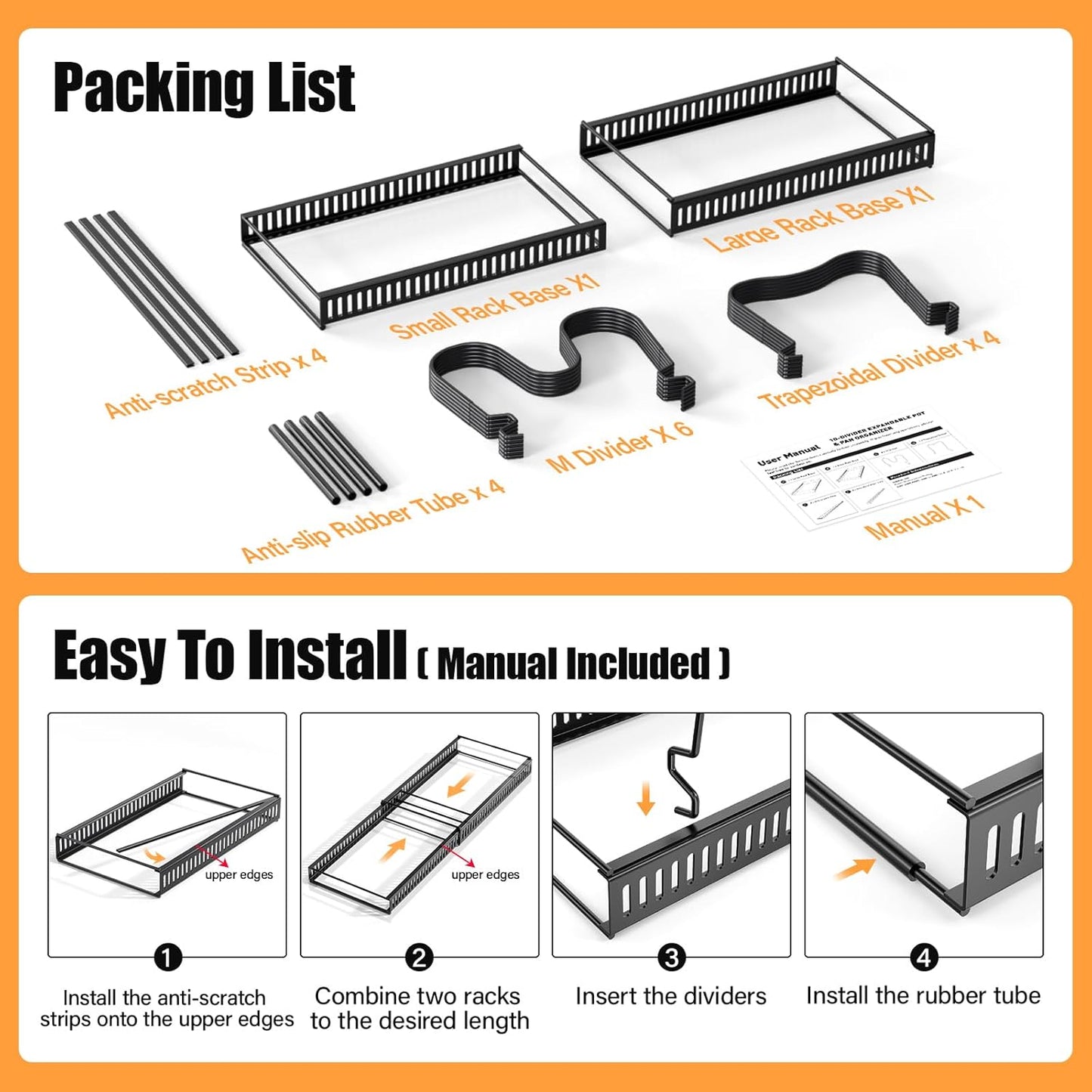 Expandable Pans and Pots Lid Organizer Rack for Cabinet - Rubber-Dipped Pan Organizer Rack for Kitchen Cabinet Organizers and Storage with 10 Adjustable Dividers and Anti-Scratch Strip
