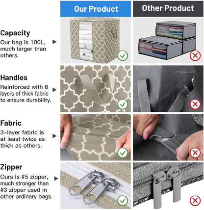 Storage Bags 3 Pack/100L Large Blanket Clothes Organization and Storage Containers for Comforters,Bedding, Foldable Organizer with Reinforced Handle, Clear Window, Sturdy Zippers,Beige