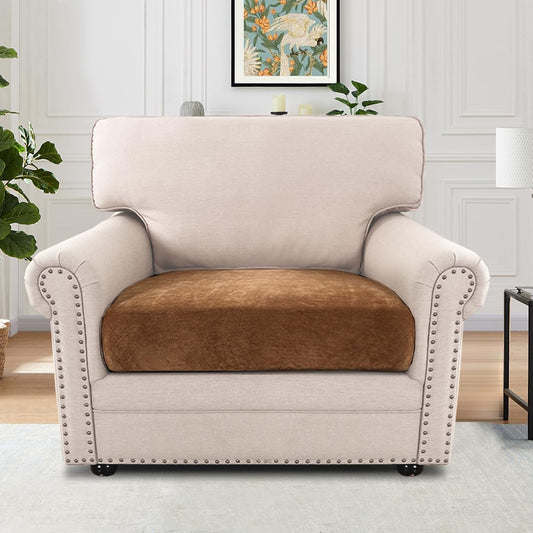 Stretch Chenille Cushion Covers Thick Soft Chair Covers anti Slip Armchair Covers Slipcover with Elastic Bottom for Pets, Kid(1 Seater Armchair Cushion Cover,Caramel)