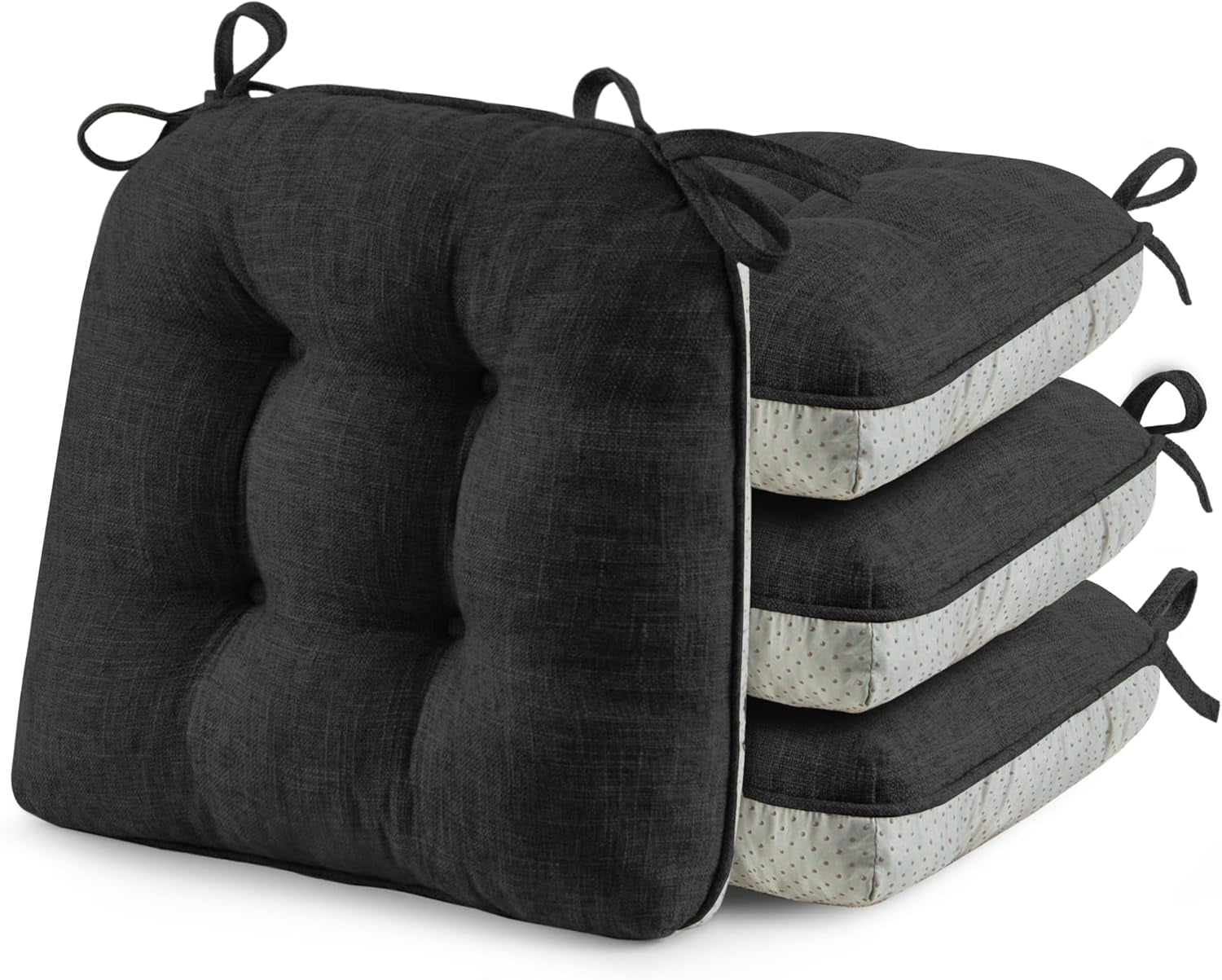 ® Chair Cushions for Dining Chairs, Tufted Memory Foam Chair Pads with Non-Slip Backing, Kitchen Seat Cushions with Ties, Washable Seat Pad Set of 4, 15.5" X 15.5" X 4", Black