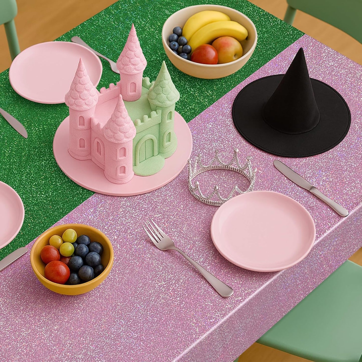 2-Pack Iridescent Green and Pale Pink Holographic Tablecloths 40x108" - Shiny Plastic Table Covers for Celebrations, Baby Showers, Birthdays, Weddings, Anniversaries, Bachelorette Parties, and Holiday Events