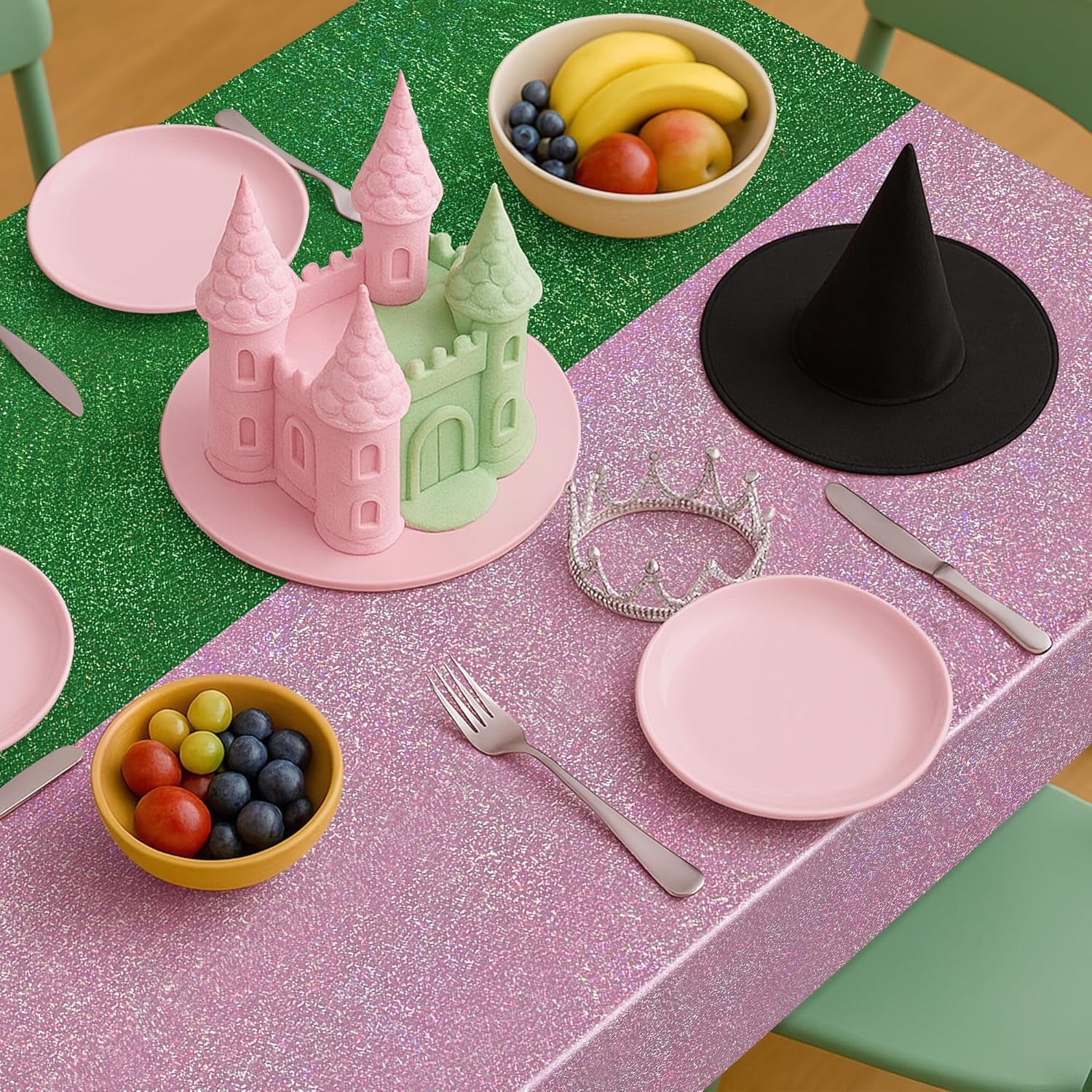 2-Pack Iridescent Green and Pale Pink Holographic Tablecloths 40x108" - Shiny Plastic Table Covers for Celebrations, Baby Showers, Birthdays, Weddings, Anniversaries, Bachelorette Parties, and Holiday Events