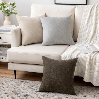 Set of 2 Beige Chenille Decorative Pillow Covers, 18x18 Inches, Soft Farmhouse Cushions for Sofa and Bedroom Decor