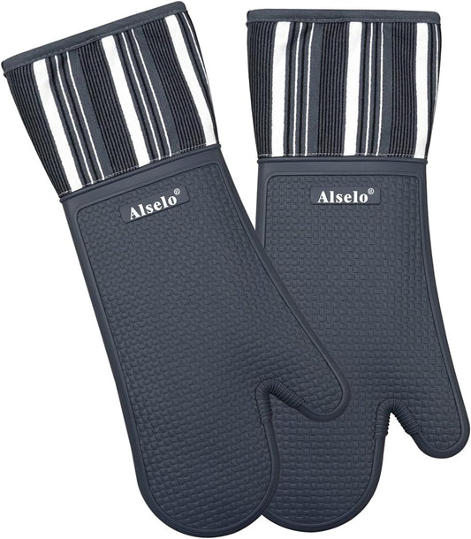 Silicone Oven Mitts Heat Resistant 550 Degree Extra Long Kitchen Gloves Pot Holders with Waterproof and Non-Silp for Baking Cooking Barbecue Microwave Machine Washable (Extra Long Grey, 2)