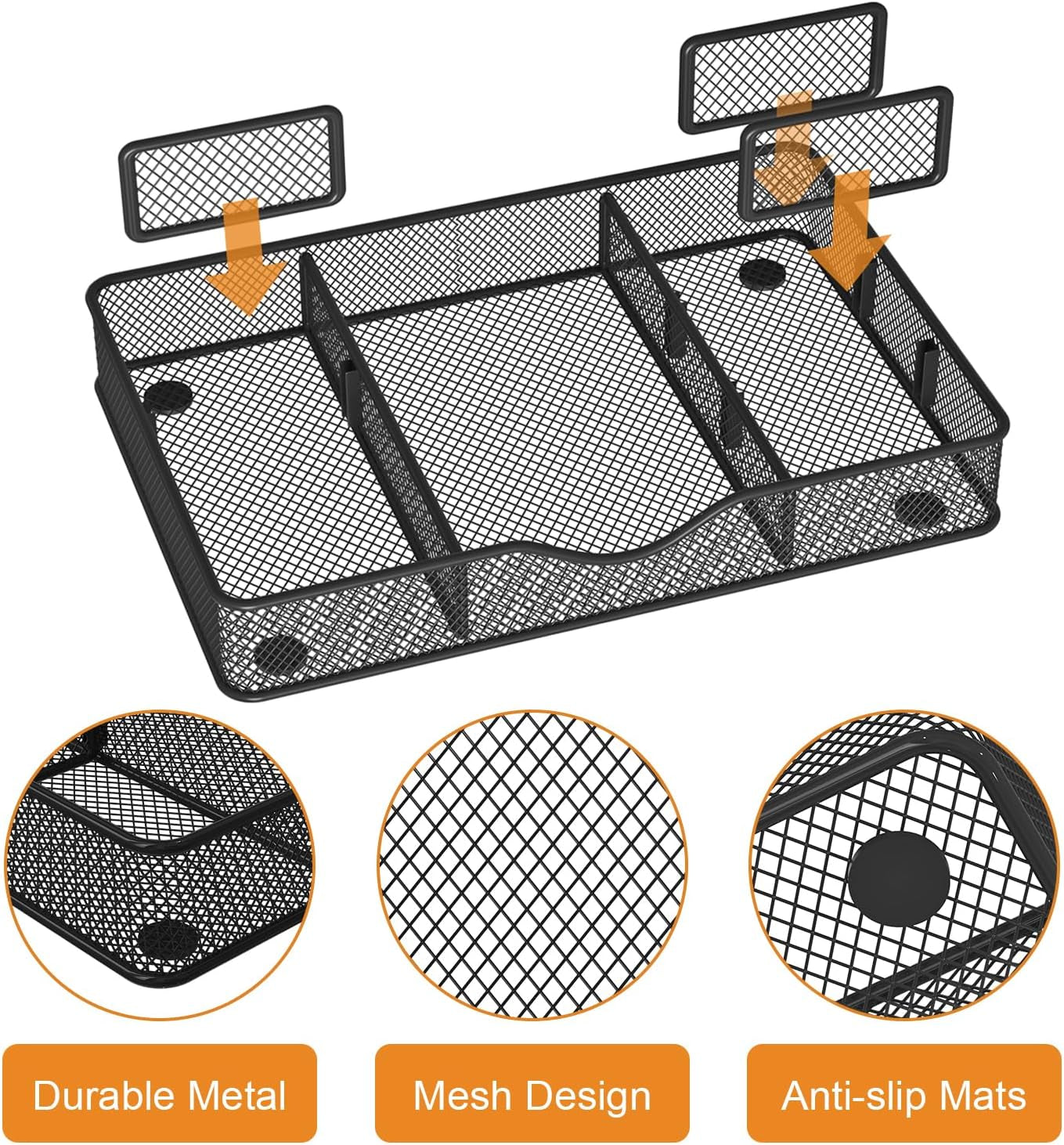 Desk Drawer Organizer Tray, Metal Mesh Drawer Organizer for Office & Home, 6 Adjustable Compartments, Black, 2 Pack - 12.87X8.73X1.96 Inch