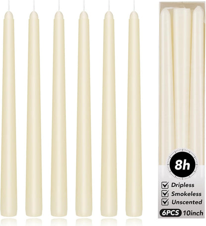 Ivory Taper Candles 10 Inch - Set of 6 Long Candles, 8 Hours Long Burning, Smokeless & Unscented & Dripless, for Weddings, Birthdays, Dinner Parties, Rituals, Prayer, Birthdays, Meditation