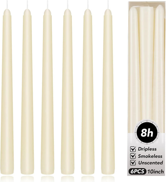 Ivory Taper Candles 10 Inch - Set of 6 Long Candles, 8 Hours Long Burning, Smokeless & Unscented & Dripless, for Weddings, Birthdays, Dinner Parties, Rituals, Prayer, Birthdays, Meditation