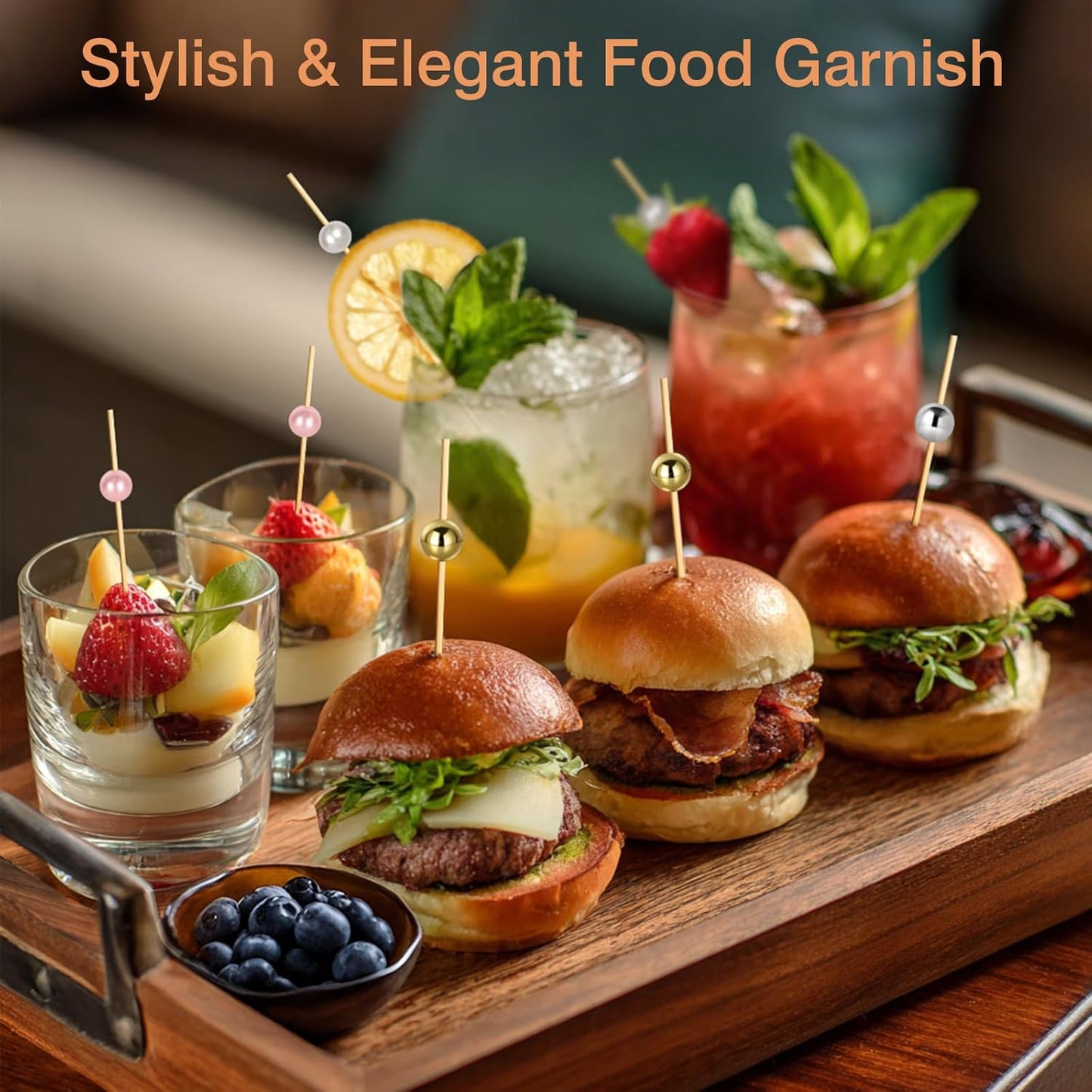 200 Cocktail Picks, Decorative Pearl Fancy Toothpicks for Appetizers, 4.7 in Long Bamboo Skewers Wood Garnish Sticks for Food Drink Fruit Party Charcuterie Boards Accessories (Gold/White/Pink/Silver)