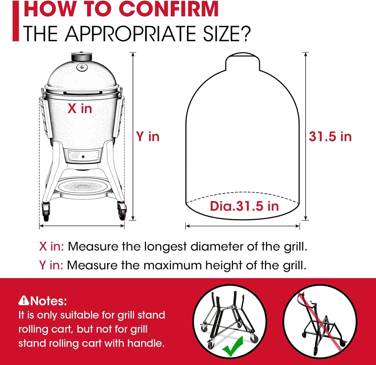 Grill Cover 31.5 Inch, Compatible with Large Big Green Egg, Kamado Joe and Pit Boss Ceramic Grills, Heavy Duty Waterproof BBQ Cover, Fade Resistant round Smoker Protector, 31.5" Dia X 31.5" H