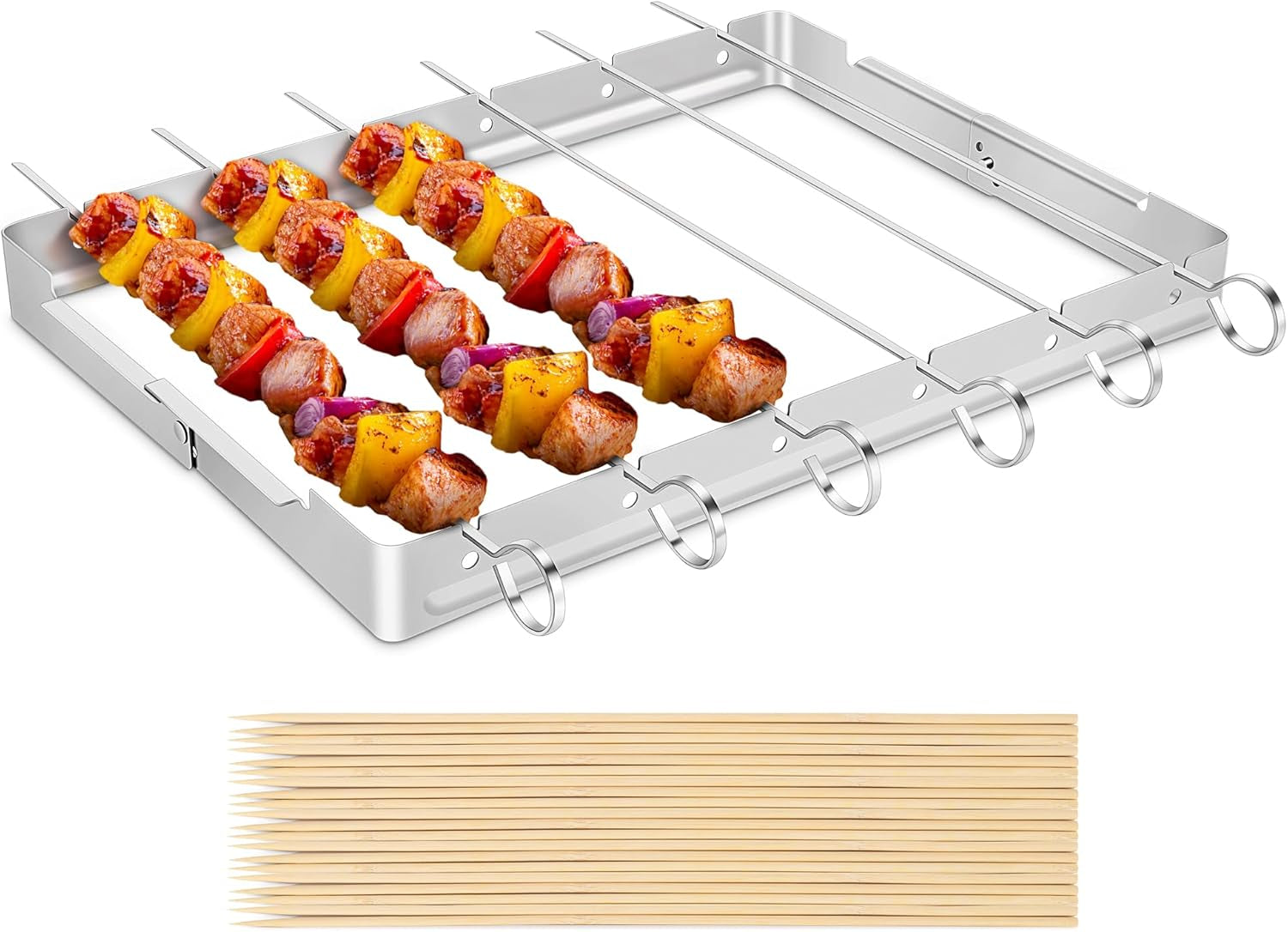Stainless Steel BBQ Shish Kabob Set, Foldable Shish Kabob Holder with 6Pcs 13"L Skewers, Reusable Grill Rack, Comes with 30Pcs 12.5"L Bamboo Skewers for Party and Cookout