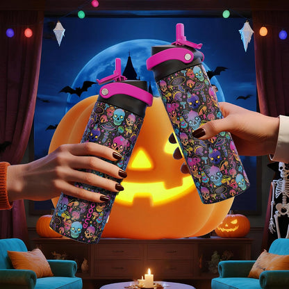 Halloween Gothic Water Bottle with Straw, Stainless Steel Insulated Water Bottle,Leak Proof, One-Touch Flip Lid, BPA Free, Holiday Gifts for Women Men, 24Oz, Trippy Skulls