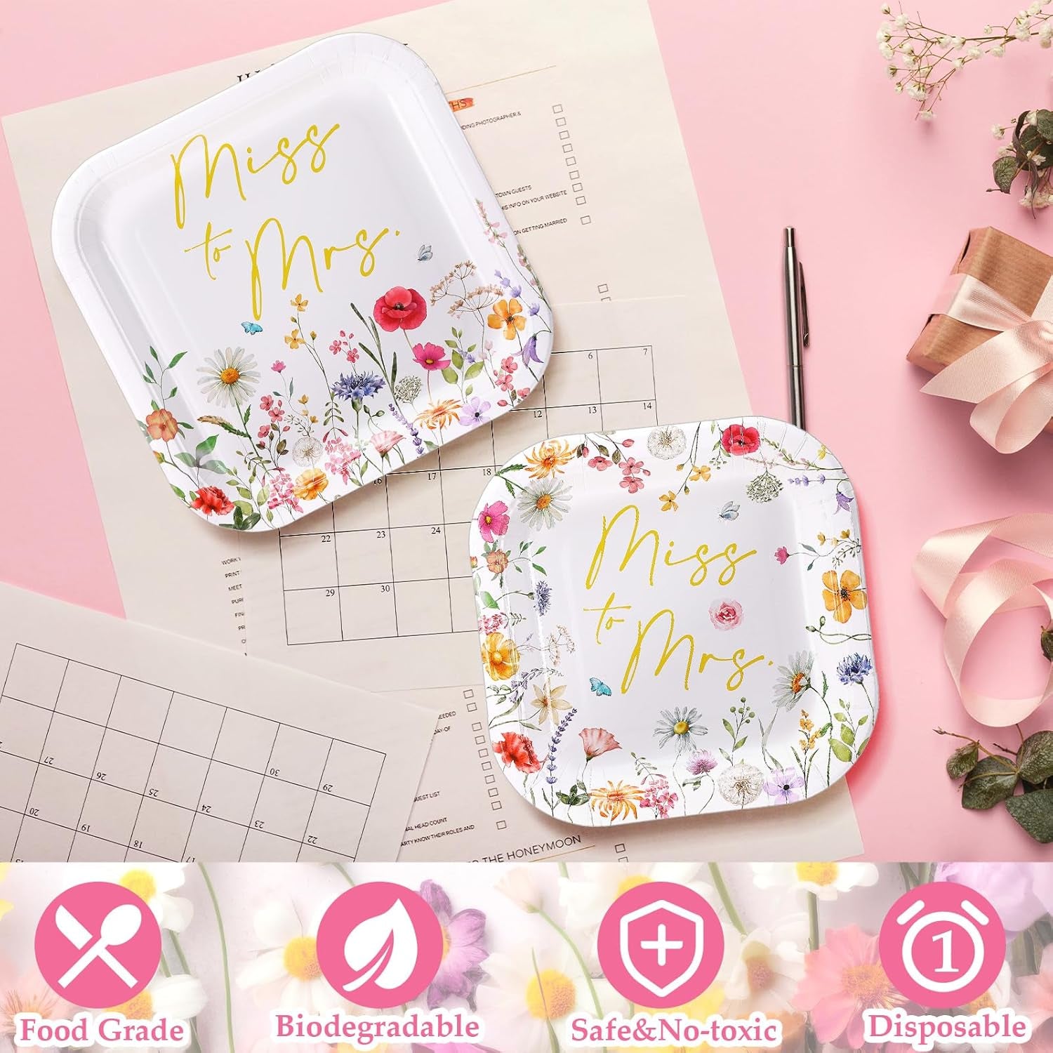 100-Count Floral Disposable Paper Plate Set - 9-Inch Dinner Plates and 7-Inch Square Dessert Plates for Weddings, Birthdays, and Baby Showers (Pink and Gold, Miss to Mrs Theme)