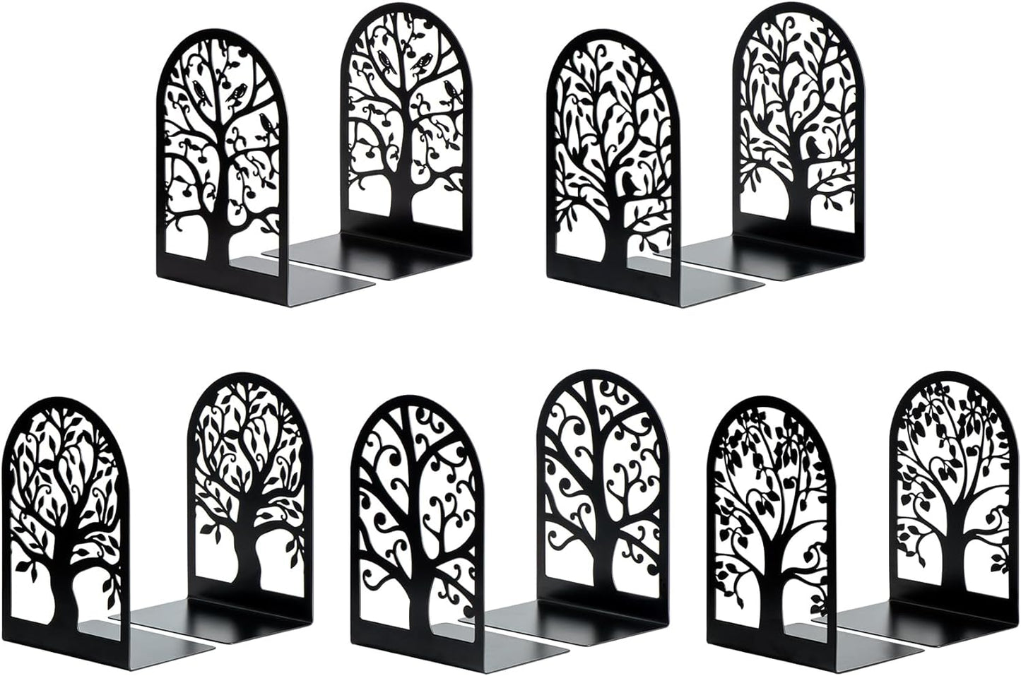 Book Ends, Metal Bookends for Shelves, Modern Tree Book Ends Decorative, Heavy Duty Book Holders Book Stoppers for Home Office Decor, 6.9"X4.7"X3.5" (5 Pairs/10 Pcs)