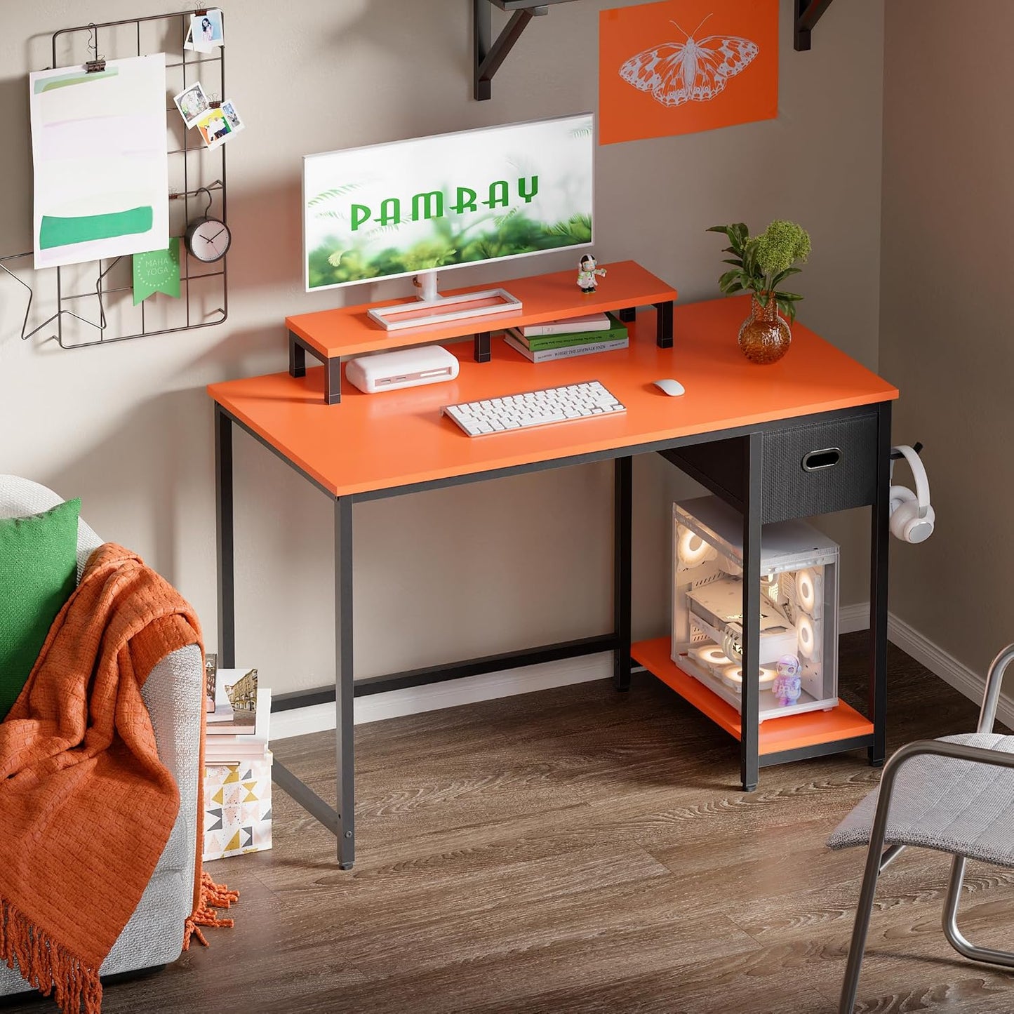 39 Inch Computer Desk with Monitor Stand Small Home Office Desks with Non-Woven Storage Drawer for Bedroom Study Table Writing and Work Desk Orange