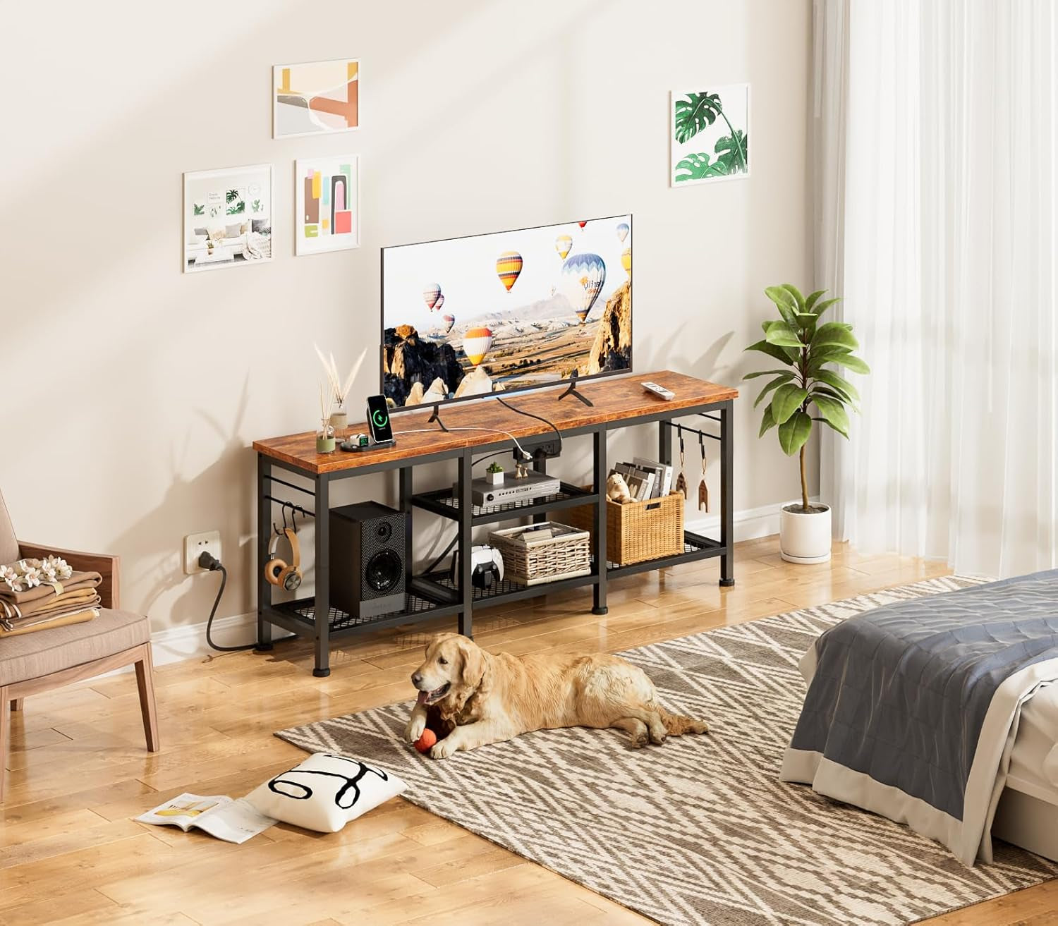 TV Stand with Power Outlets, Entertainment Center with Open Storage Shelves for Tvs up to 55 Inch, Media Console Table with Soundbar Shelf for Living Room, Bedroom, Rustic Brown