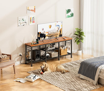 TV Stand with Power Outlets, Entertainment Center with Open Storage Shelves for Tvs up to 55 Inch, Media Console Table with Soundbar Shelf for Living Room, Bedroom, Rustic Brown