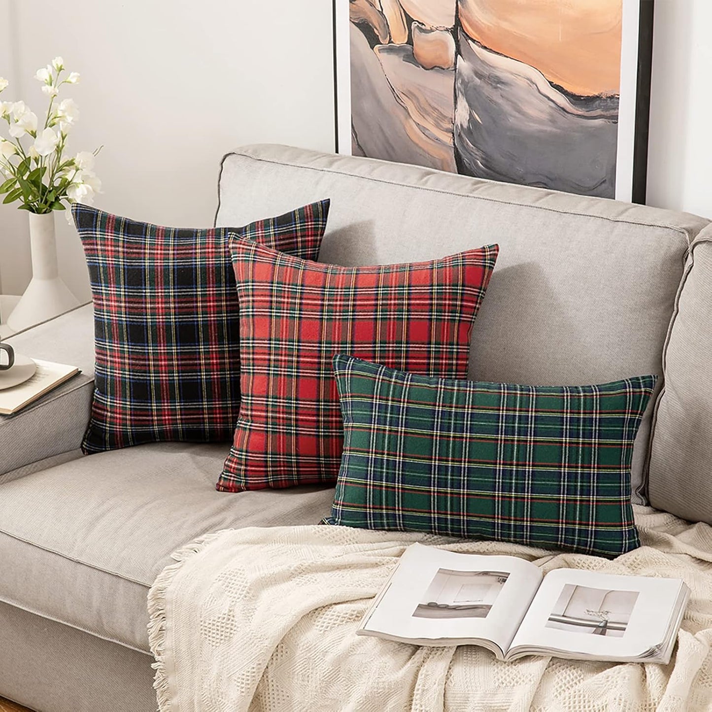Christmas Set of 2 Scottish Tartan Plaid Throw Pillow Covers Farmhouse Classic Decorative Outdoor Square Cushion Cases for Home Decor Sofa Couch 18X18 Inch, Red