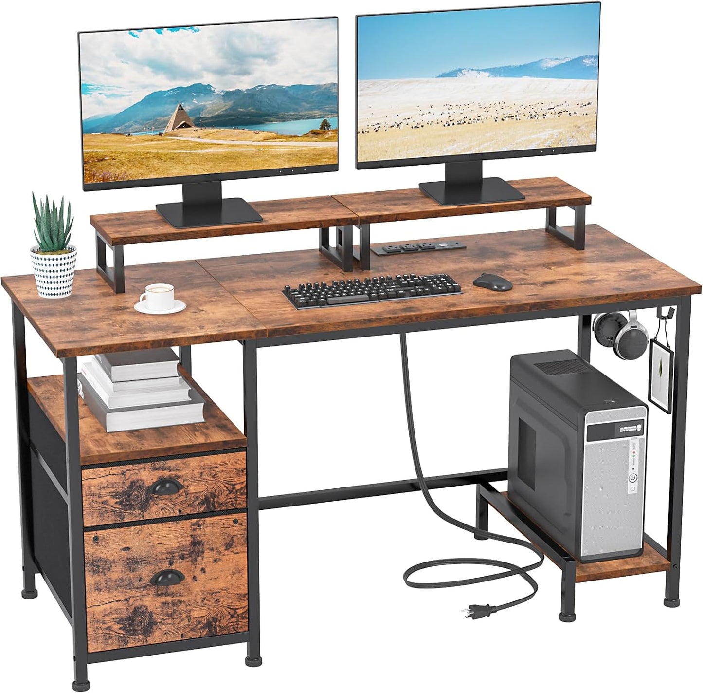 47" Computer Desk with File Cabinet and Power Outlets, Home Office Desk with 2 Monitor Stands and Storage Drawer, Writing Gaming Table with Shelves and 2 Hooks for Bedroom, Rustic Brown