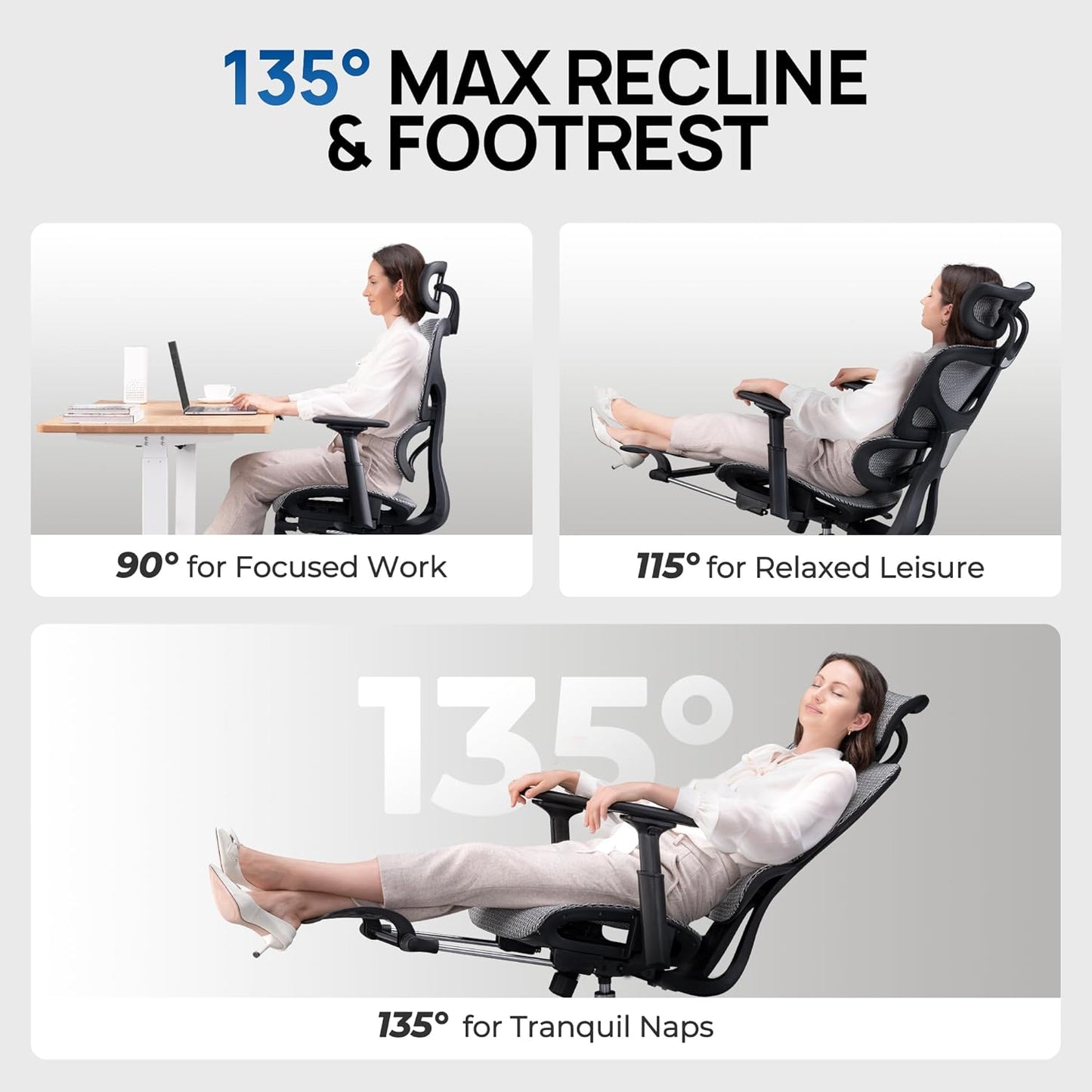 Ergonomic Mesh Office Chair with Footrest and Lumbar Support, Adjustable Gaming Chair with Multi-Tilt Backrest, Headrest, and 3D Armrests, Durable Steel Base, Grey and Black