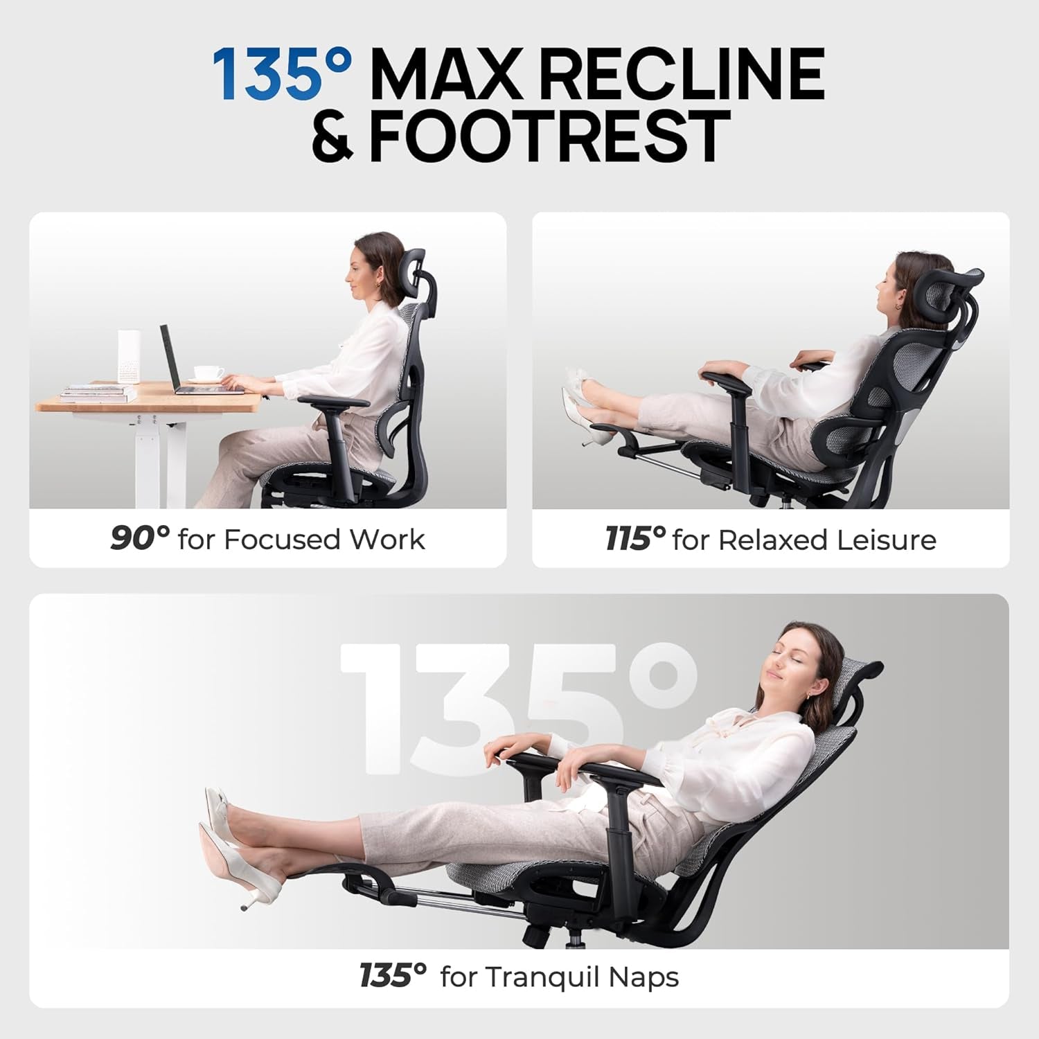 Ergonomic Mesh Office Chair with Footrest and Lumbar Support, Adjustable Gaming Chair with Multi-Tilt Backrest, Headrest, and 3D Armrests, Durable Steel Base, Grey and Black