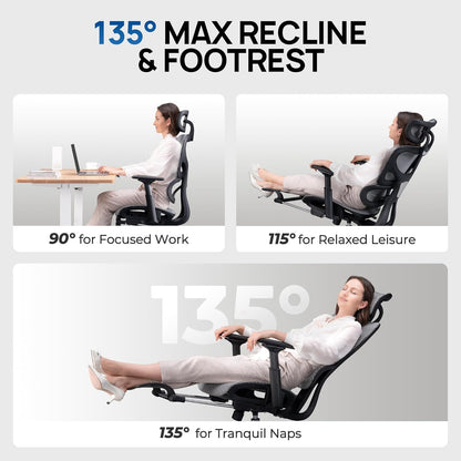 Ergonomic Mesh Office Chair with Footrest and Lumbar Support, Adjustable Gaming Chair with Multi-Tilt Backrest, Headrest, and 3D Armrests, Durable Steel Base, Grey and Black