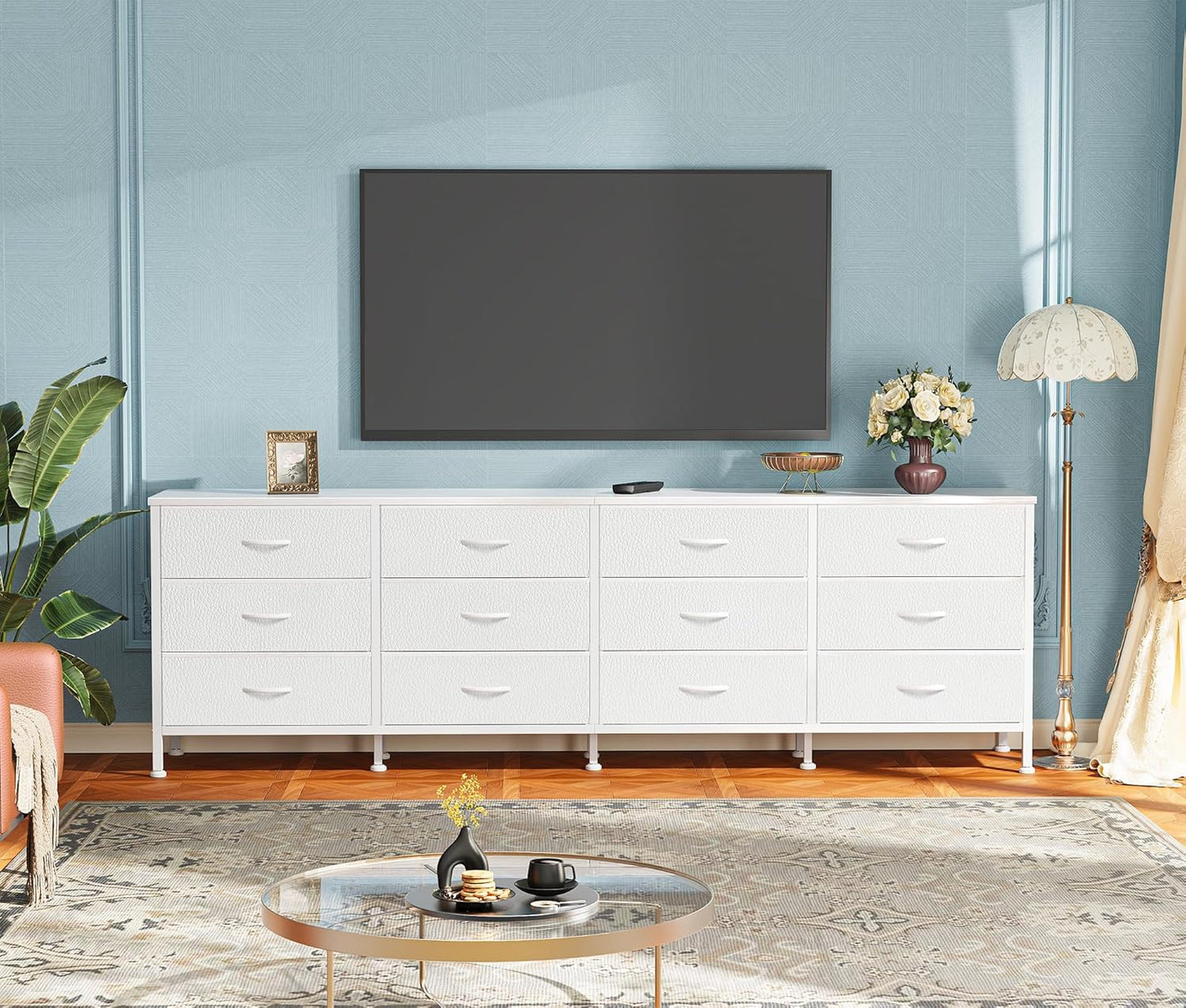 70-Inch Bedroom Dresser and TV Stand for 65-80 Inch TVs, Featuring 12 Fabric Drawers and Ample Storage, Ideal for Living Room, White Finish