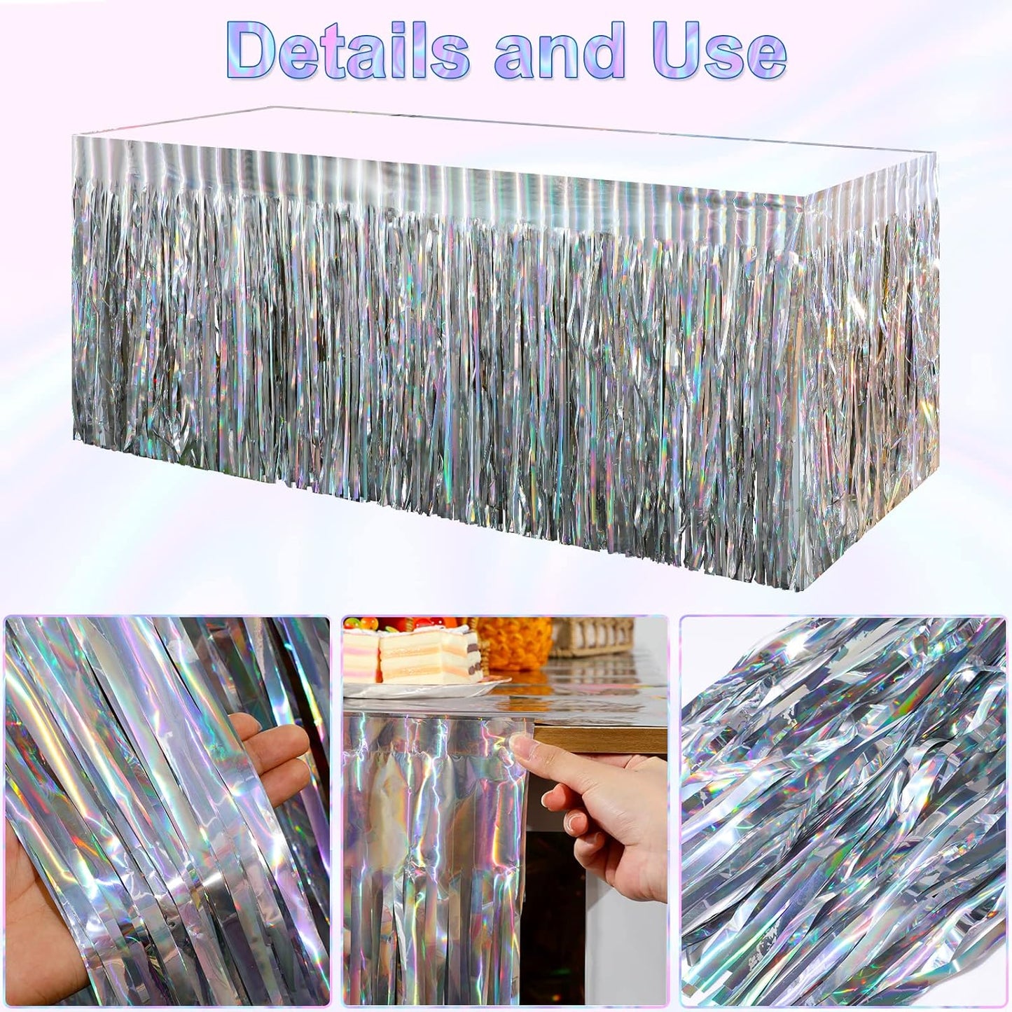 2 Pack Iridescent Table Skirt, Metallic Foil Fringe Tinsel Table Skirts for Rectangle Tables, Disposable Laser Rainbow Table Skirt Iridescent Party Decorations for Birthday Wedding Holiday, 29X108Inch