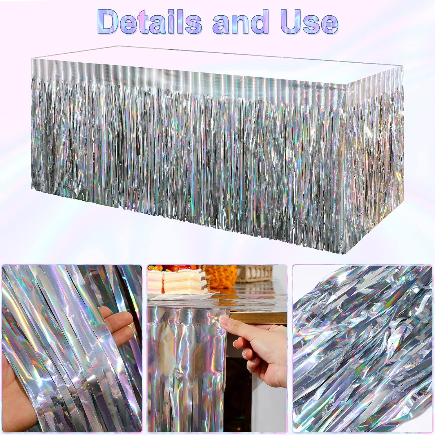 2 Pack Iridescent Table Skirt, Metallic Foil Fringe Tinsel Table Skirts for Rectangle Tables, Disposable Laser Rainbow Table Skirt Iridescent Party Decorations for Birthday Wedding Holiday, 29X108Inch