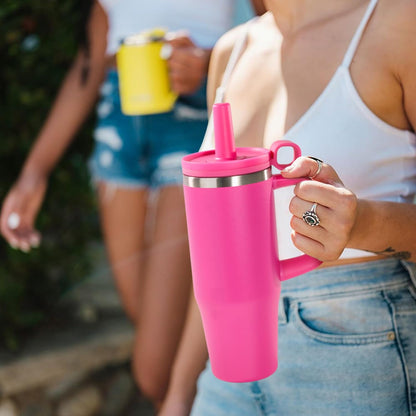 32Oz Water Bottle with Straw, Tumbler with Handle & Lid, Insulated Water Bottle with Straw Cover Cap, Travel Coffee Mug for Hot/Iced Water, Tea or Coffee, Bpa-Free, Cupholder Friendly, Passion Pink