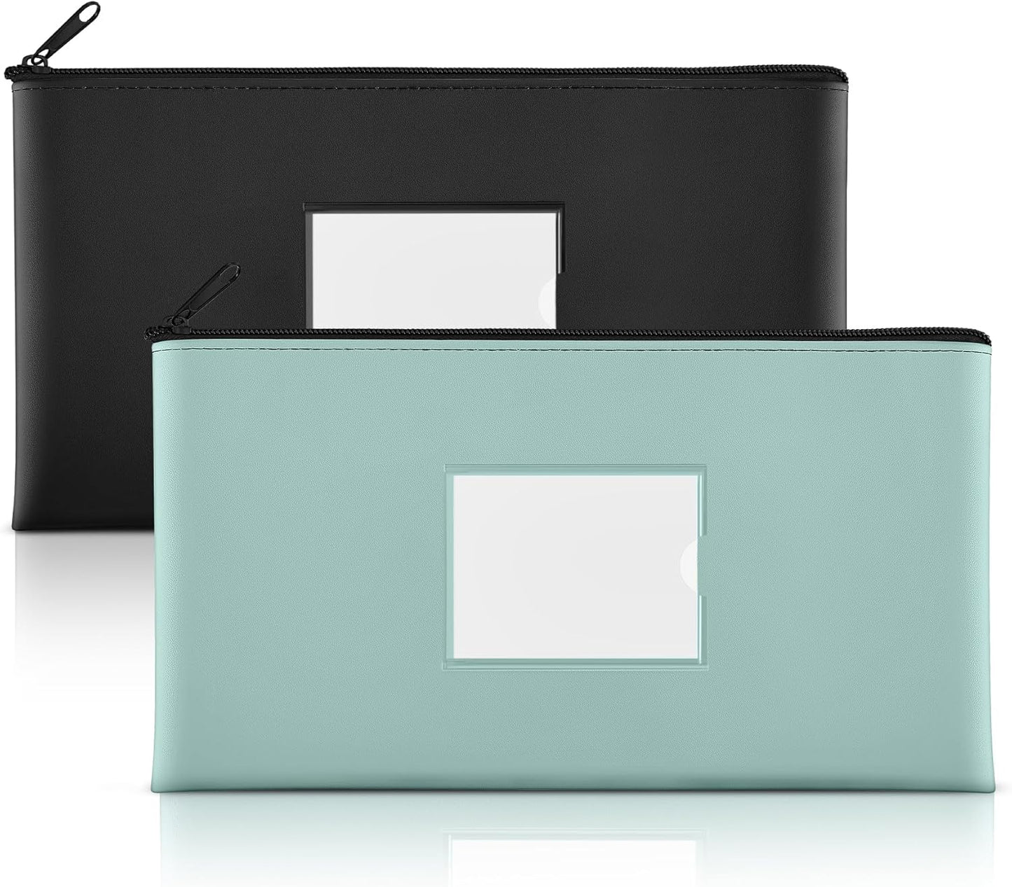 2-Pack Bank Deposit Money Bags with Zipper, PU Leather Bags Cash Wallet Pouches with Label, for Coins, Cosmetics, Invoice, Bills, Tools, 11.5 X 6.2 Inches, Aqua Blue & Black