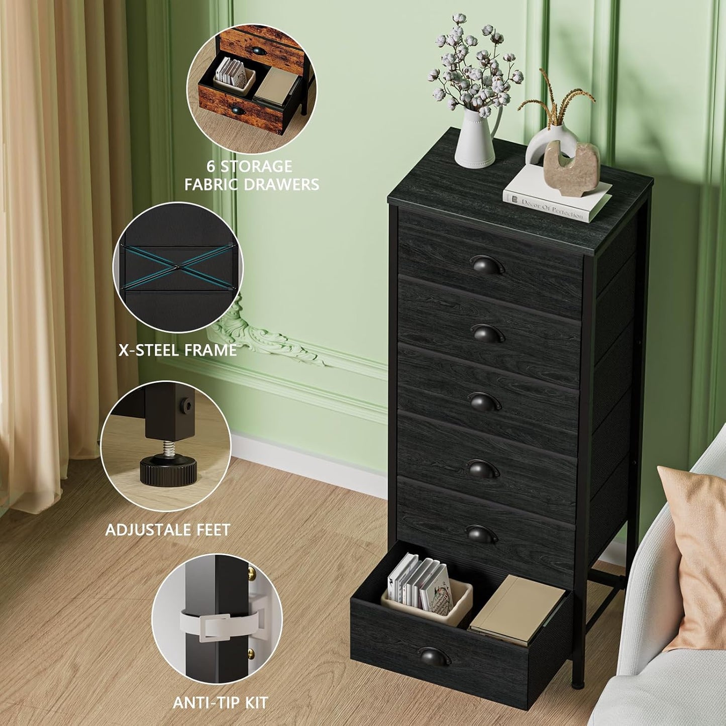Elegant Tall Dresser with 6 Drawers and Vertical Bedside End Table - Black Storage Tower Nightstand with Fabric Drawer Organizer for Bedroom, Living Room, Closet, and Hallway