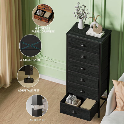 Elegant Tall Dresser with 6 Drawers and Vertical Bedside End Table - Black Storage Tower Nightstand with Fabric Drawer Organizer for Bedroom, Living Room, Closet, and Hallway