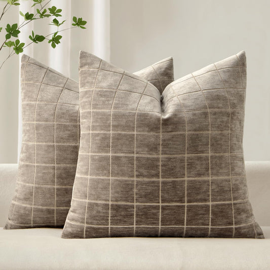 Decorative Chenille Check Throw Pillow Covers Vintage Plaid Couch Pillows 18X18 Inch Set of 2 Neutral Boho Farmhouse Cushion Covers Modern Home Decor for Sofa Bed Living Room Taupe Grey