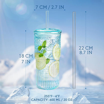 20Oz Glass Cups with Lids and Straws, 2 Pack High Borosilicate Iced Coffee Cups Drinking Glasses Tumbler for Smoothie, Water, Tea, Juice Drinks, Shimmering Blue