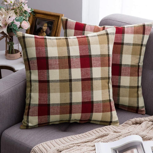Pack of 2 Christmas Decorative Pillow Covers Check Buffalo Plaids Pillowcase Tartan Linen Rustic Farmhouse Square for Bench Sofa Couch Car Bedroom Red and Tan 18X18 Inch