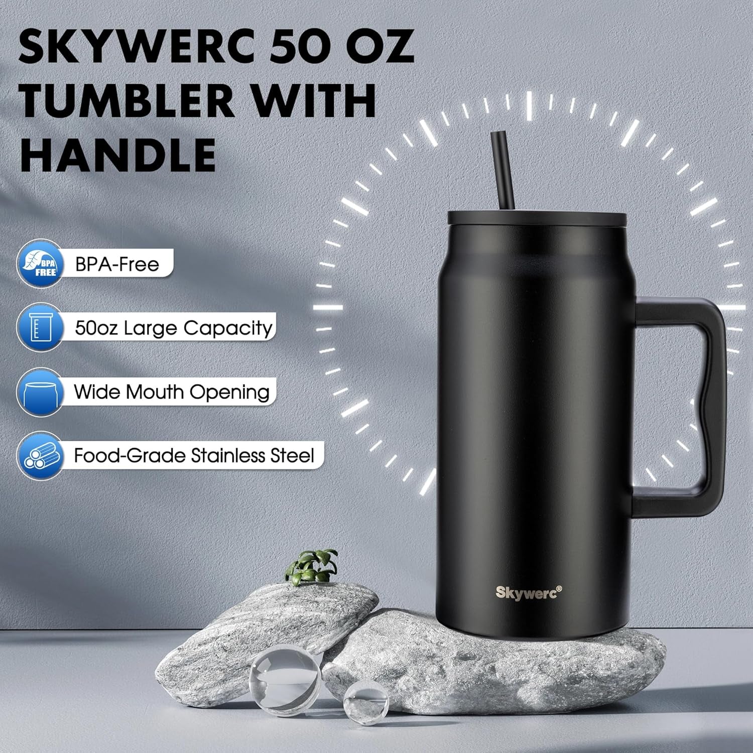 50 Oz Tumbler with Handle, Vacuum Insulated Water Bottle with Lid and Straw, Stainless Steel Double Wall Travel Jug Coffee Mug, Keep Cold for 36H, 100% Leak-Proof, Non-Slip Base - Baby Pink