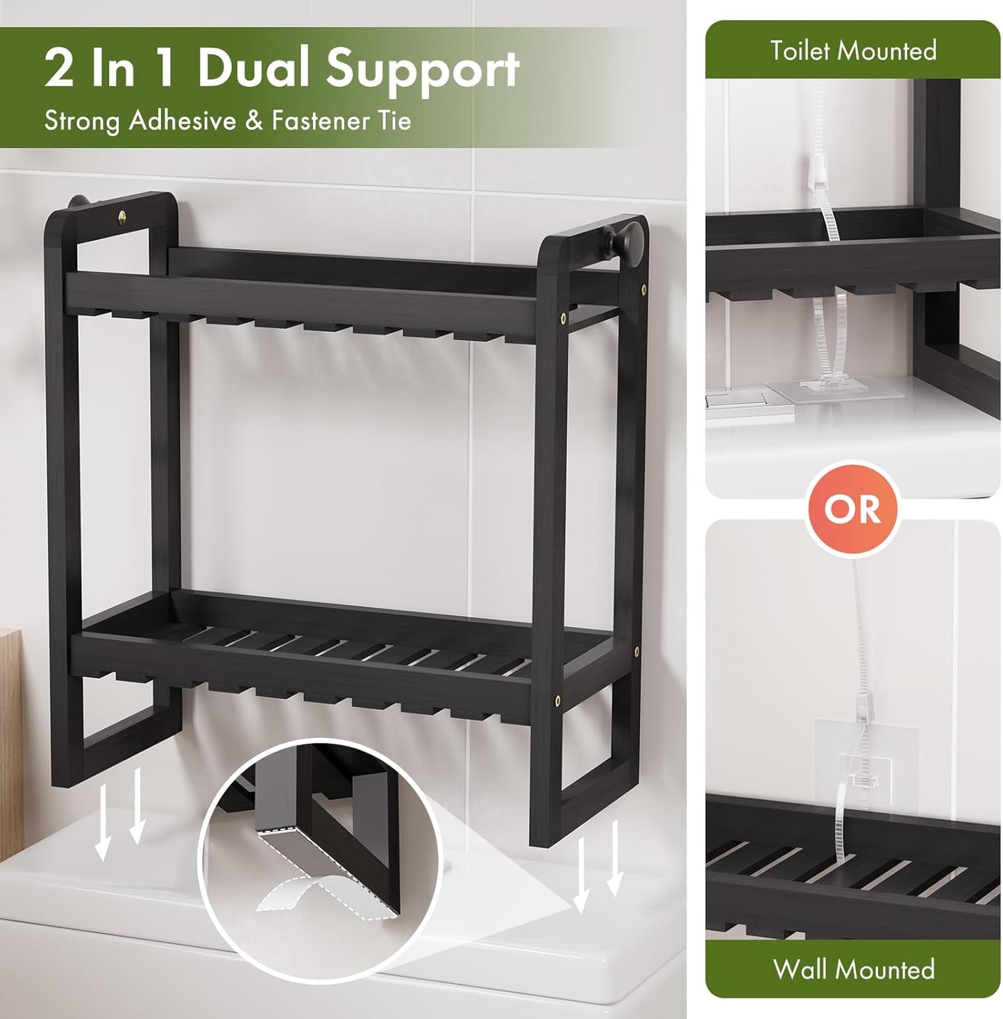 Bamboo over the Toilet Storage Shelf - 2-Tier Bathroom Organizers and Storage Shelves, 2 in 1 Dual Stable above over Toilet Bathrooms Shelf Home Storages Rack for Small Bathroom, Black