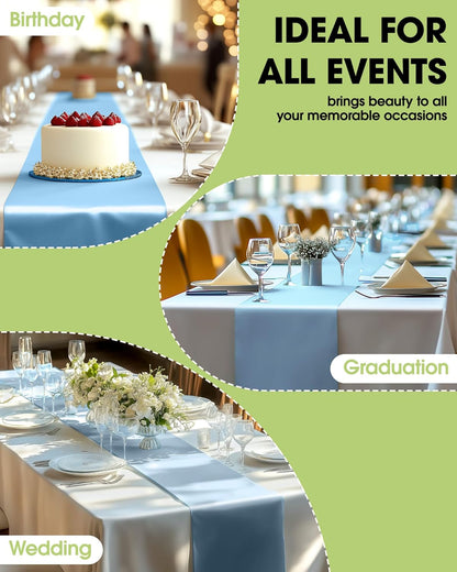 Light Blue Plastic Table Runners - 10 Pack, 14'' X 108'', Water Resistant & Disposable Centerpiece Decorations for Table Cloth, Wedding, Birthday, Holiday, Baby Shower, Party, Home Decor