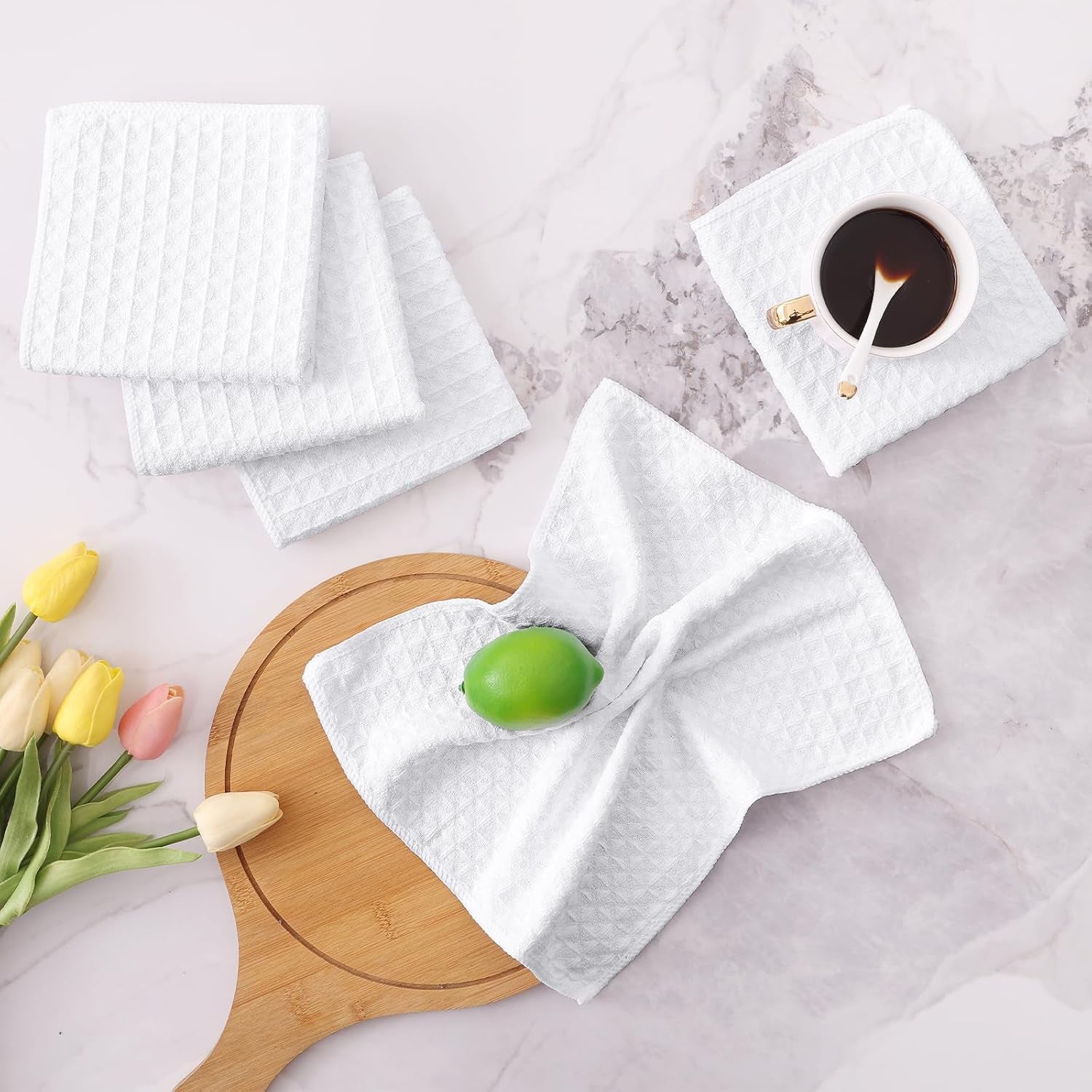 Microfiber Waffle Weave Kitchen Dish Cloths, 12 X 12 Inch Ultra Absorbent and Solid Color Dish Towels for Kitchen Fast Drying Dishcloth for Washing Dishes, 6 Pack, White