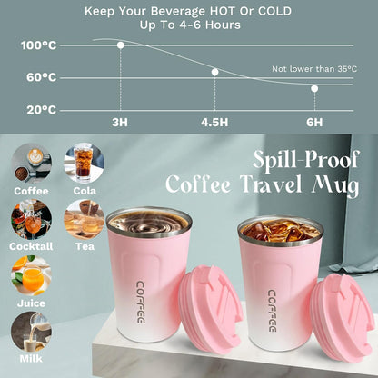 Insulated Travel Coffee Mug, Spill & Leak Proof, Portable to Go Camping Stainless Steel Coffee Tumbler, Reusable Thermal Coffee Cup with Lid for Hot & Cold Drinks (2Nd-Pink White, 12 OZ)