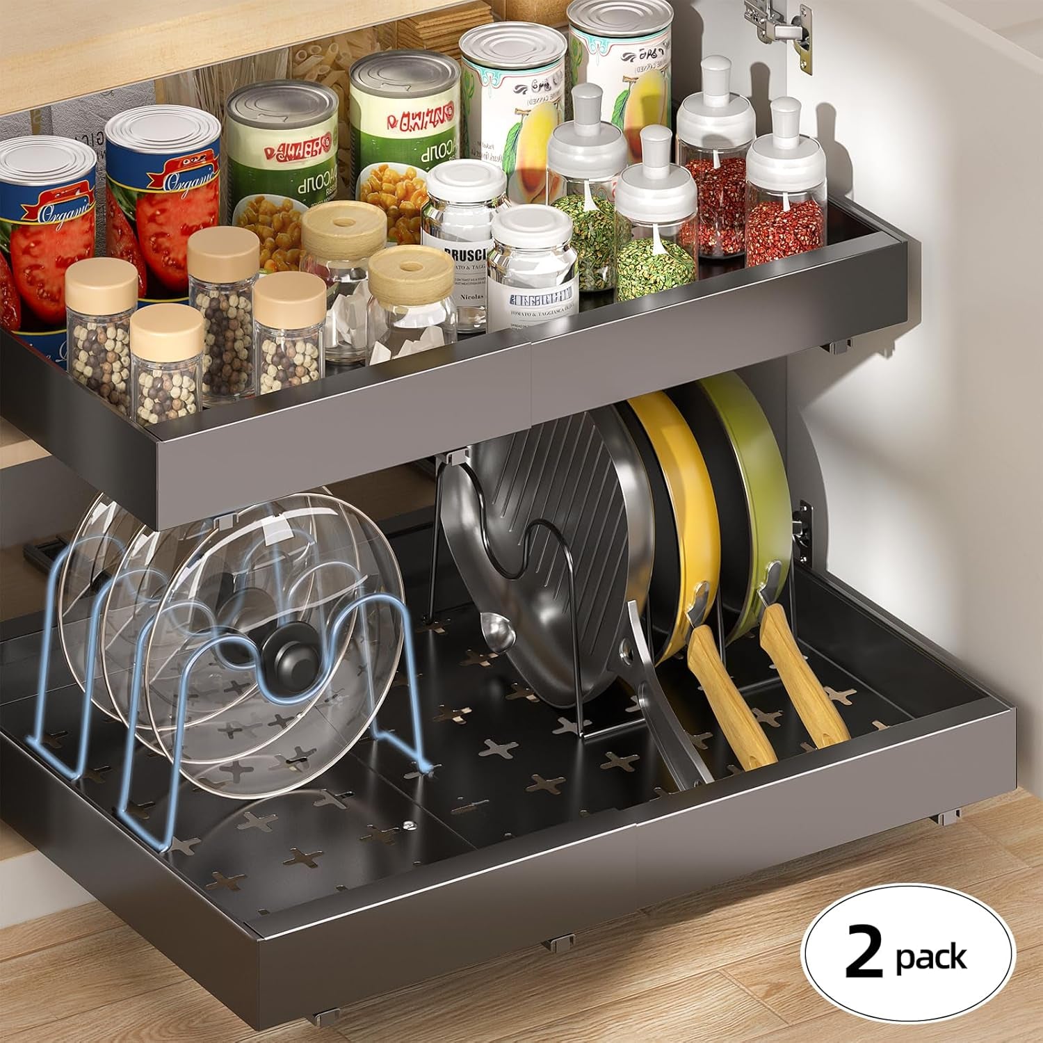 2 Pack 16" Deep Pull Out Cabinet Organizer with 6 Dividers, Expandable (11.7 "-20" W) Pull Out Drawers for Cabinets, Cabinet Trays Pull Out for Cabinets in Kitchen, Pantry or Bathroom