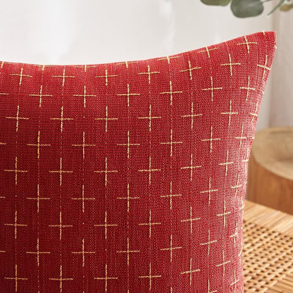 Pack of 2 Christmas Decorative Burlap Linen Throw Pillow Covers Modern Farmhouse Pillowcase Rustic Woven Textured Cushion Cover for Sofa Couch Bed 18X18 Inch Christmas Red