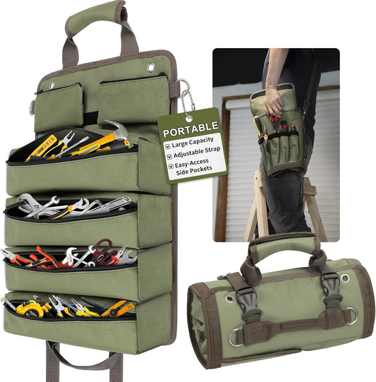 Roll up Tool Bag - Heavy Duty Green Motorcycle Tool Roll, Portable Tool Box Organizer Storage for Mechanics, Electricians, Diyers, Ideal Kit for Men, Father, Birthdays, Holidays