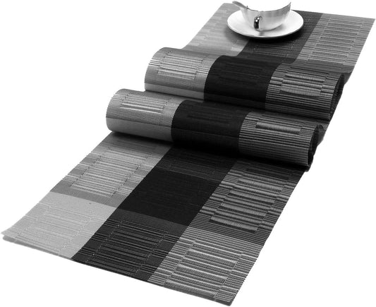 Woven Vinyl Table Runners PVC Table Runners 12 X 36 Inch Wipe Clean Reversible Plastic Weave Tabletop Counter Decor Mats Indoor Outdoor, Ombre Black and Gray